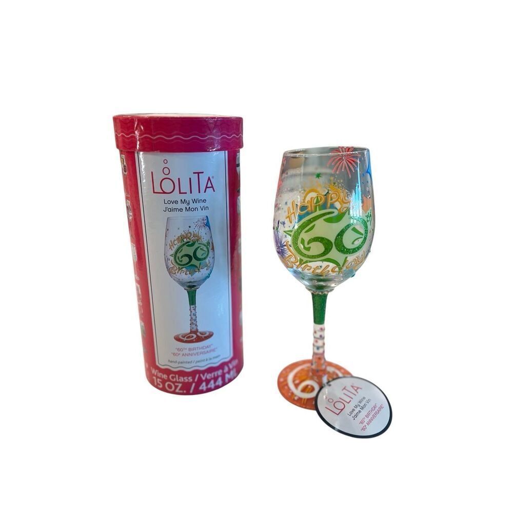 Lolita Love My Wine Hand-Painted Lolita Happy 60th Birthday Wine Glass 15 Oz NWT